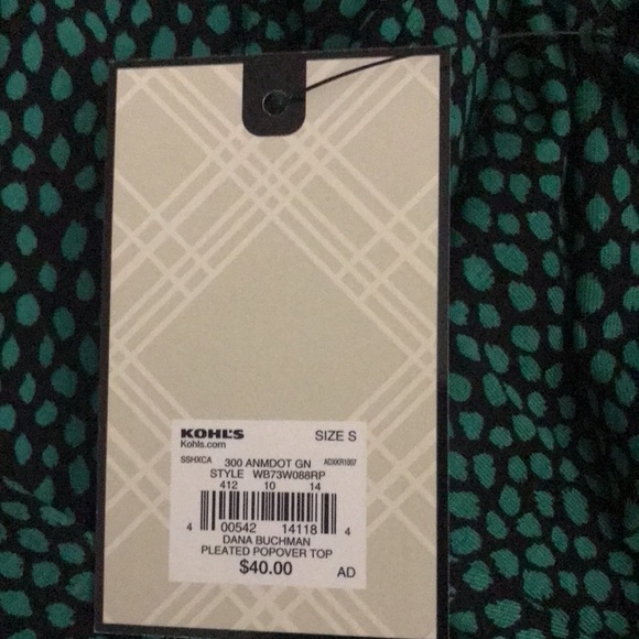 Dana Buchman Small Pleated Popover Blouse Black Green Polka Dots 3/4 Sleeves New - Picture 10 of 11